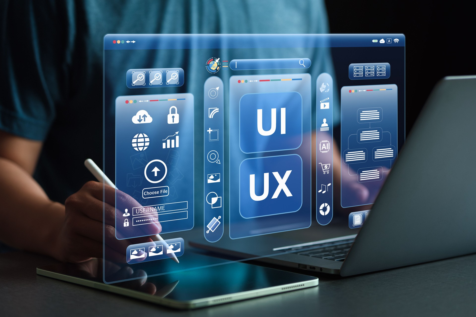 UI/UX Design and Development Concepts Developers interact with cutting-edge virtual screens that display code, icons, and data, emphasizing creativity in web, application, and software design.